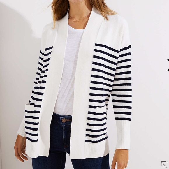 LOFT Sweaters - LOFT Navy White Striped Open Pocket Cardigan S